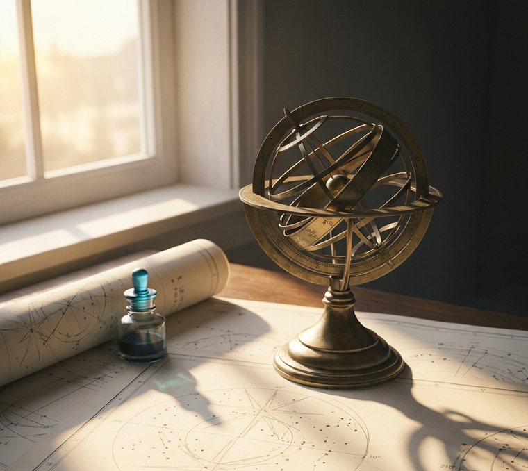 A navigator's desk at dawn — brass orbital instrument over hand-drawn star charts